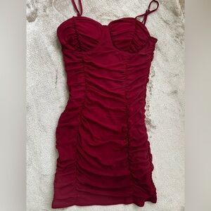 Burgundy Ruched Mini Dress